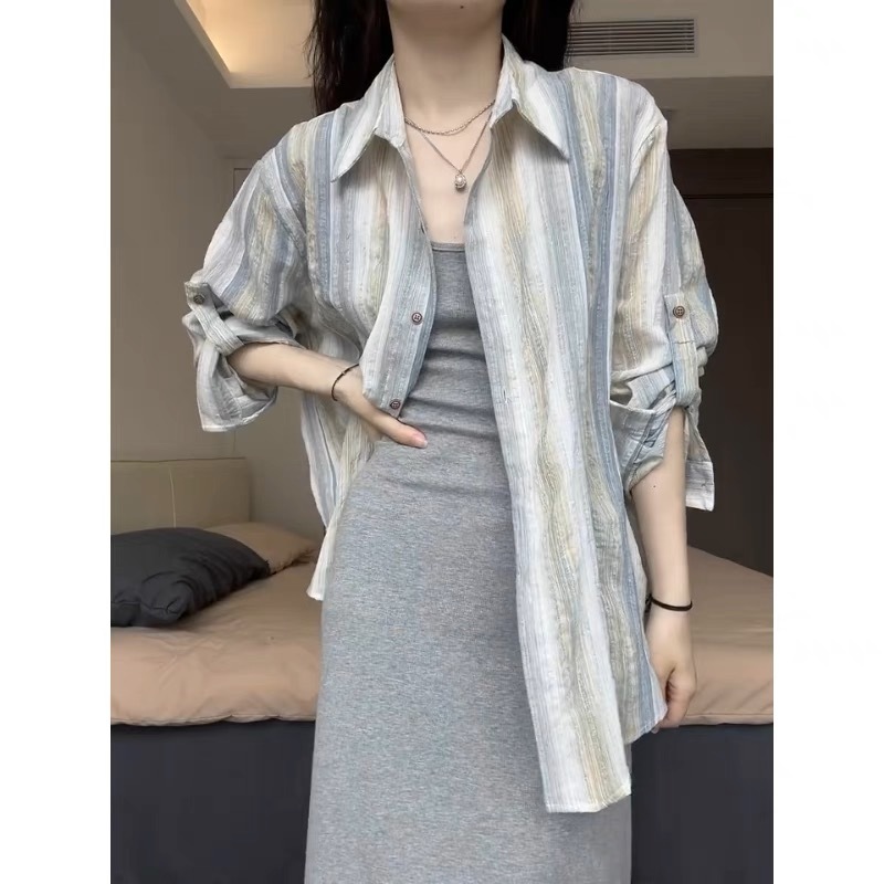 Early spring new style long-sleeved striped shirt for women 2023 autumn and winter design shirt jacket cotton and linen top