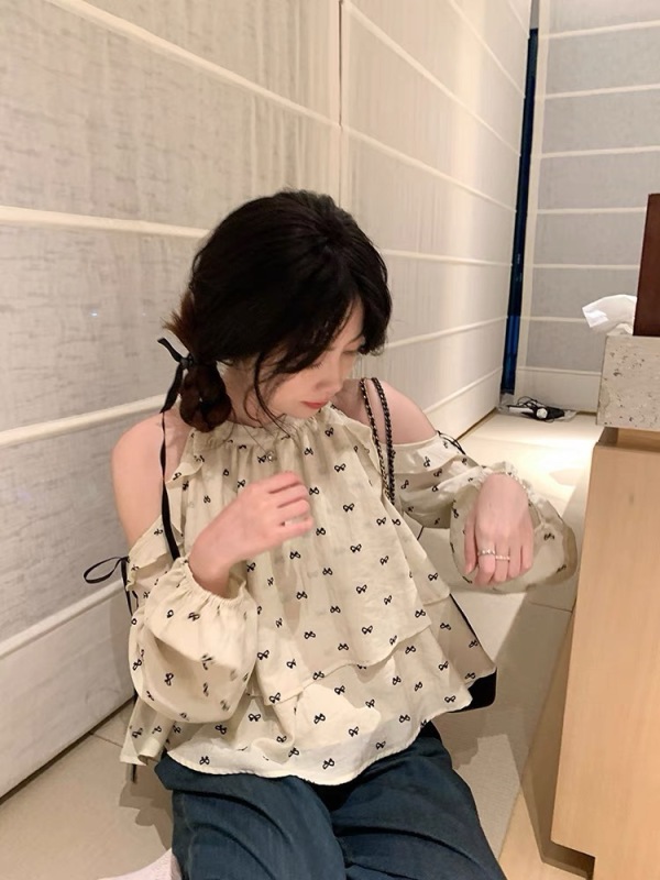 PtonUmi half-sugar sweet bean off-shoulder top women's summer loose bow print girly long-sleeved short top
