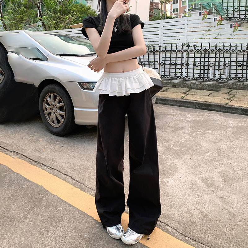 Retro tutu skirt spliced ​​with windproof wide-leg pants, sweatpants, air pants, drawstring casual pants for women