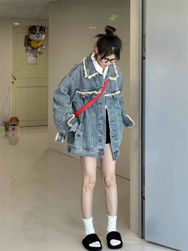 American high street oversize denim jacket for women autumn new retro design niche raw edge jacket