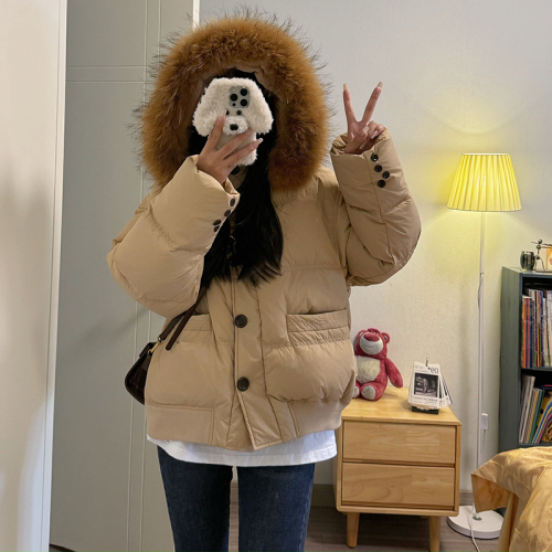 Real shot of South Korea's Dongdaemun 2024 new down jacket for women with hood, large fur collar, short style, loose student