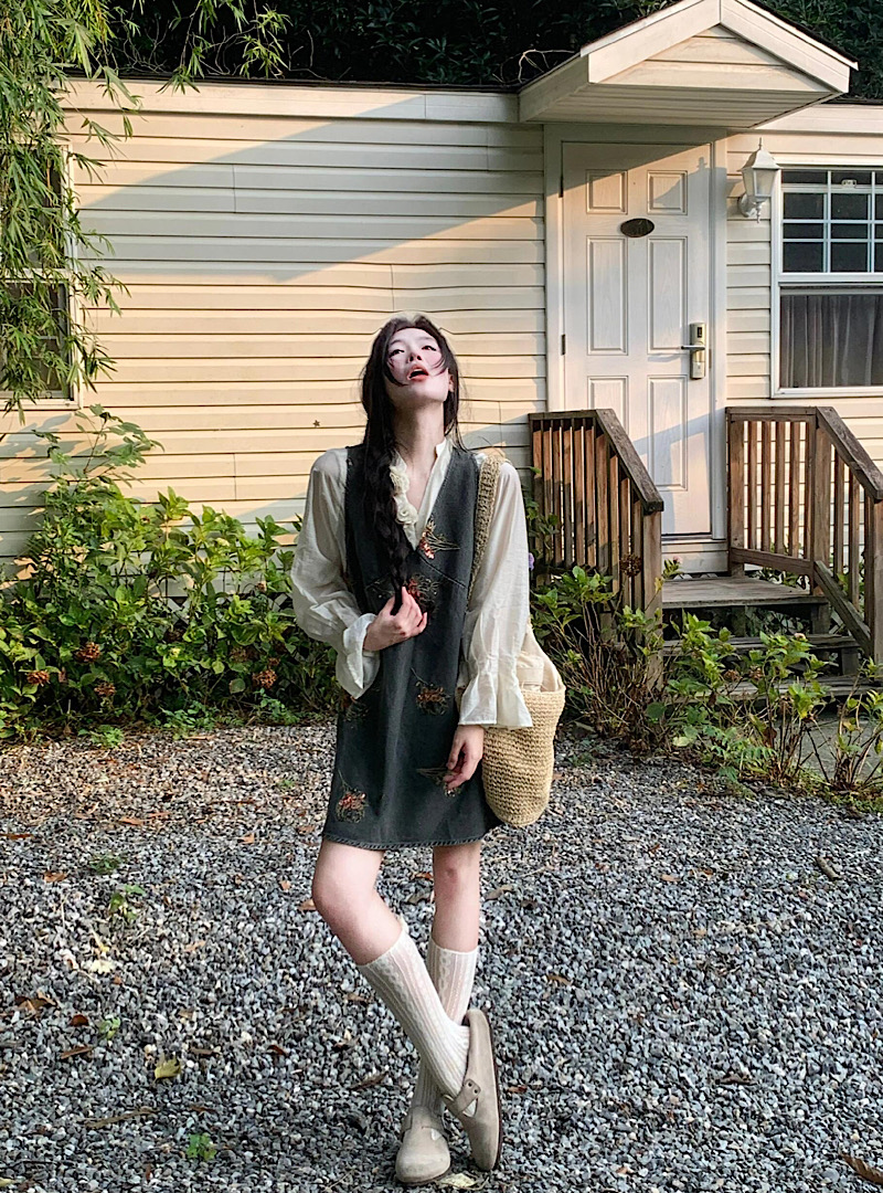 Photographed Heavy Duty Sequin Embroidered Denim Dress + Gentle Feel Sheer Flower Top