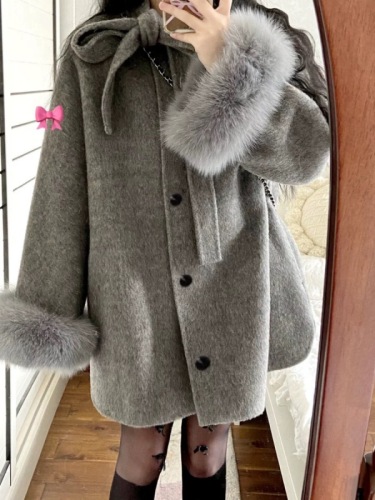 Hepburn style gray woolen coat for women autumn and winter new mid-length bow woolen cloak coat for small people