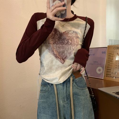 American retro right shoulder long-sleeved T-shirt women's autumn new slim fit pure cotton inner layering shirt top