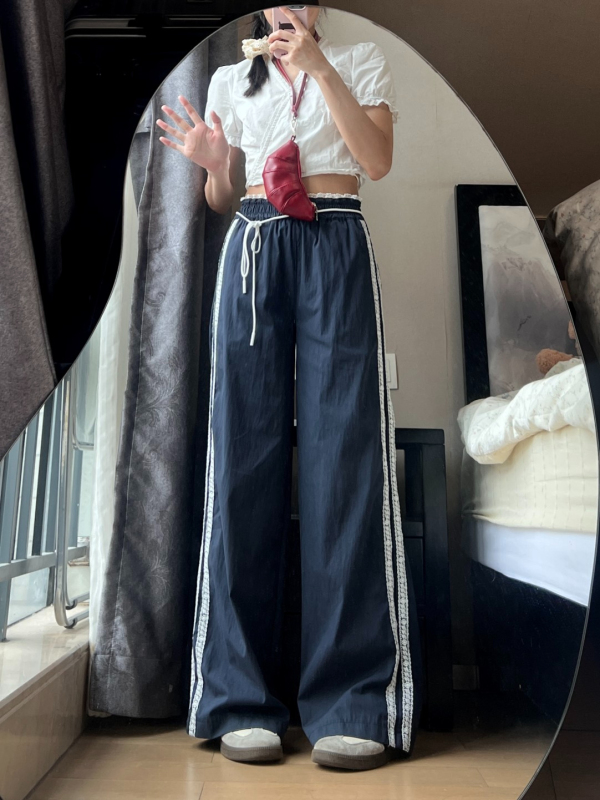 Original style lace design low-waist lace splicing wide-leg pants for women autumn loose sports casual pants