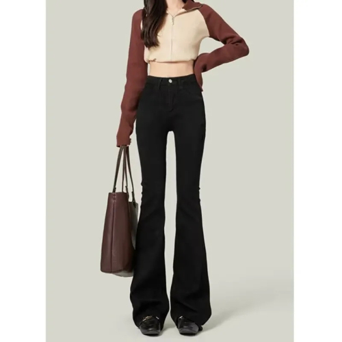 2024 New Autumn Black Bell-bottom Jeans for Short Figures, High-waisted Elastic Ankle Bell-bottom Pants