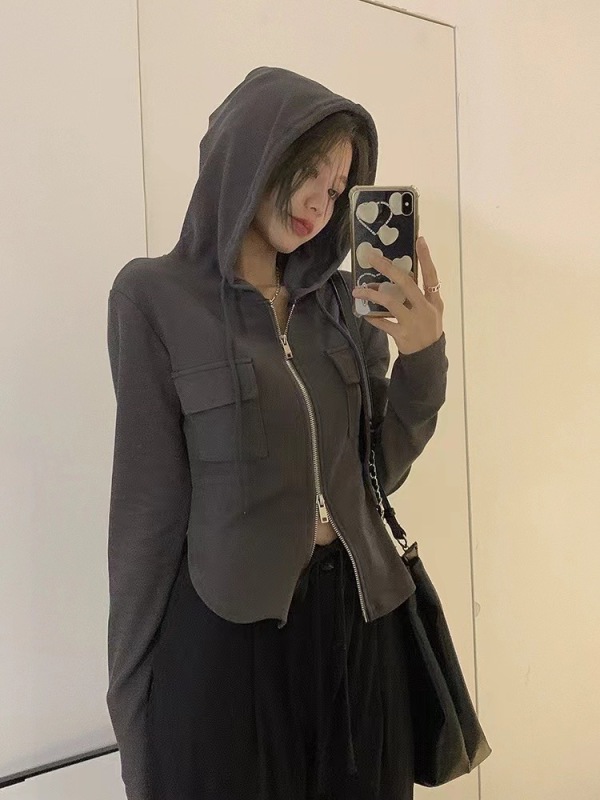 Slim fit zipper long-sleeved T-shirt Korean style short versatile cardigan jacket women's top