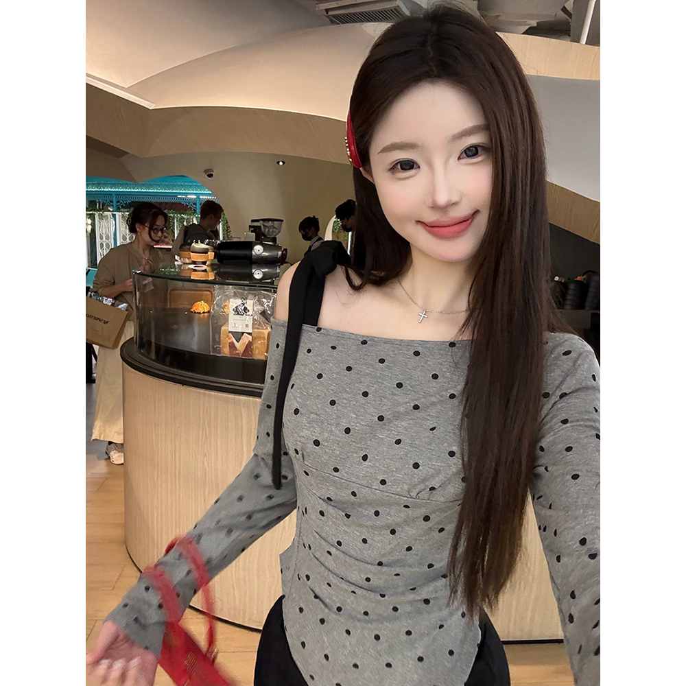 Real shot of gray romantic lazy slim knitted sweater for hot girls in autumn with irregular design top