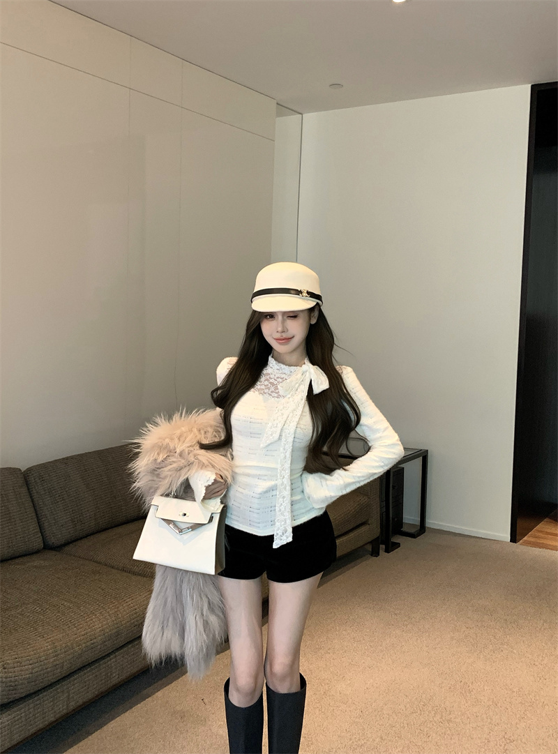 Real shot design niche bow ribbon lace short slim fit bottoming sweater