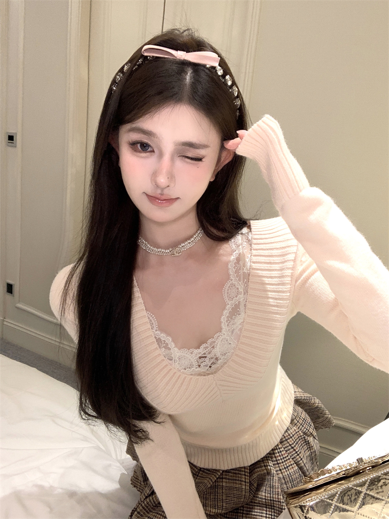 Vintage Turtleneck Long-Sleeve Knit Top with Belted Waist, Versatile V-Neck Basic Shirt
