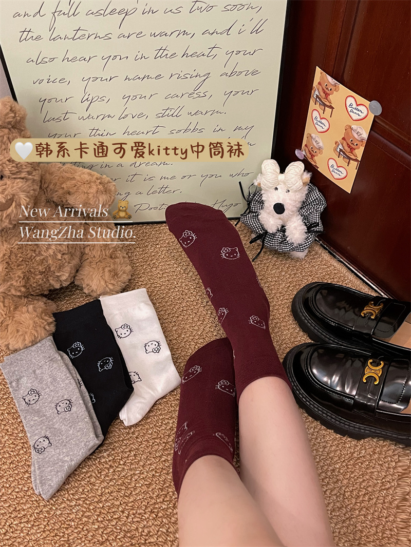 實拍 韓系卡通圖案貓咪襪子減齡潮流中筒襪四季襪靴襪