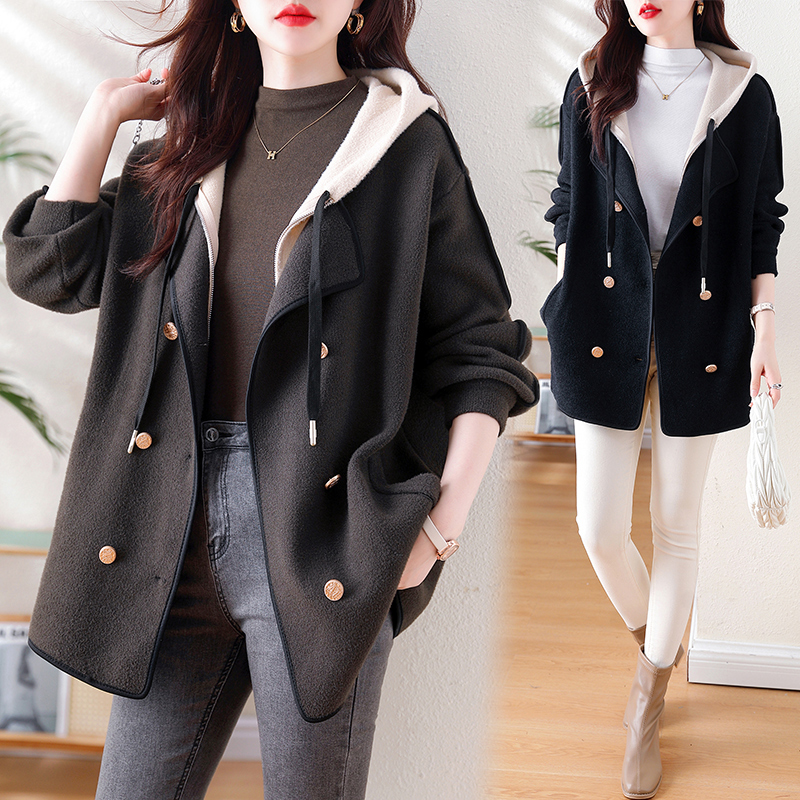 Autumn and winter plus size women's double-sided cashmere fashionable age-reducing fake two-piece casual woolen jackets in stock