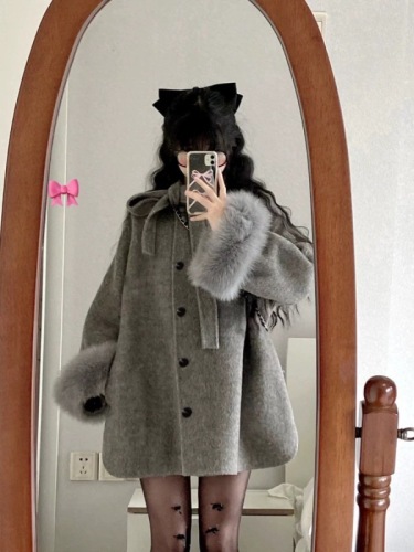 Hepburn style gray woolen coat for women autumn and winter new mid-length bow woolen cloak coat for small people