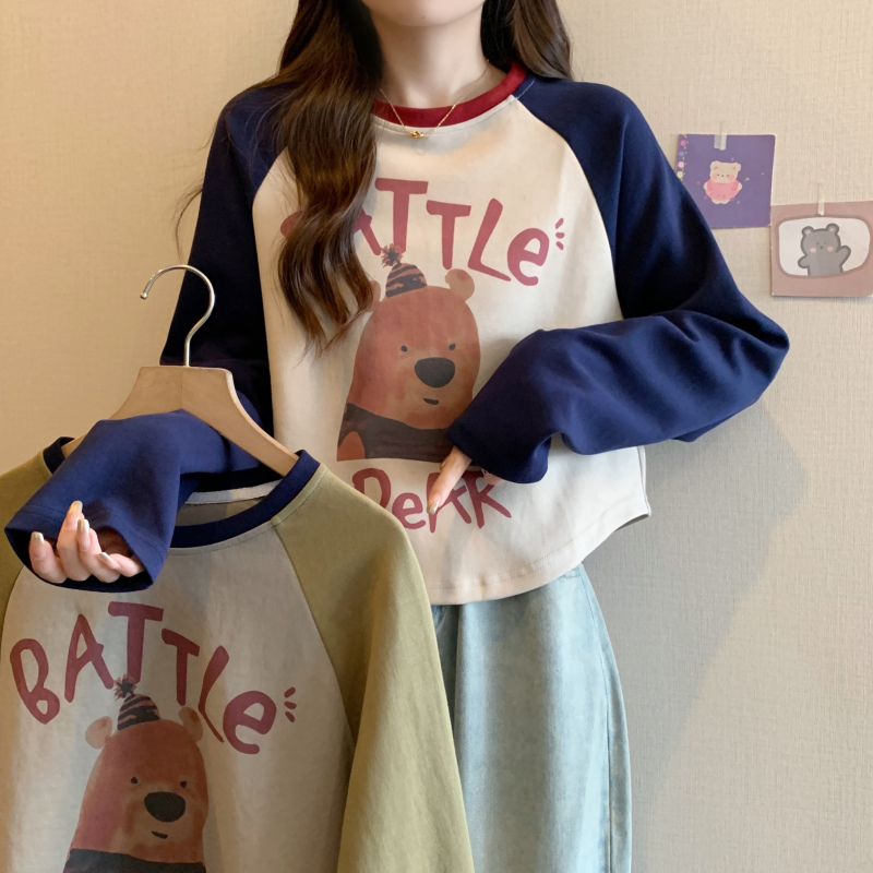 Retro Contrast Color Short T-shirt Women's Short Casual Round Neck Long Sleeve Top Autumn Large Size Cartoon Pattern Sweatshirt