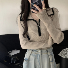 Women's Fall 2024 New Design Zip-Up Pullover Sweater with Half-Mandarin Collar, Outerwear Style, High-End, Fitted, Unique Long-Sleeve Knit Top