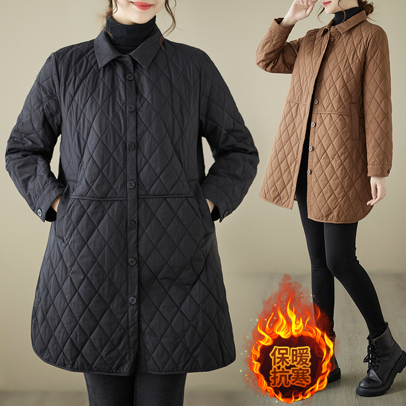 New autumn and winter women's diamond plaid loose large size quilted mid-length shirt jacket