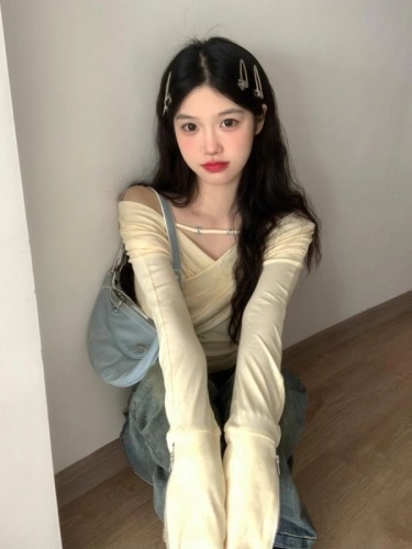 Official picture 1*1 thread 270g sexy hiphop hottie style v-neck long-sleeved t-shirt for women spring and autumn cross