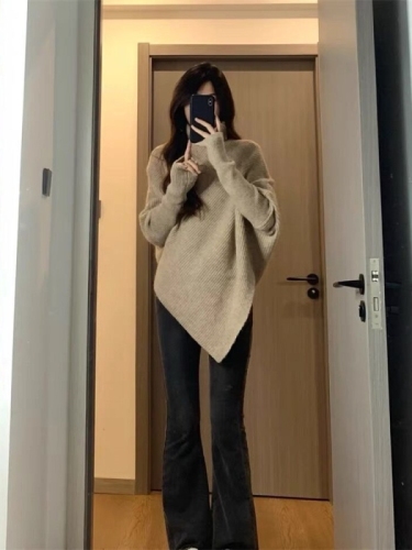 Irregular design turtleneck sweater for women in autumn and winter loose and versatile niche lazy style soft waxy sweater top