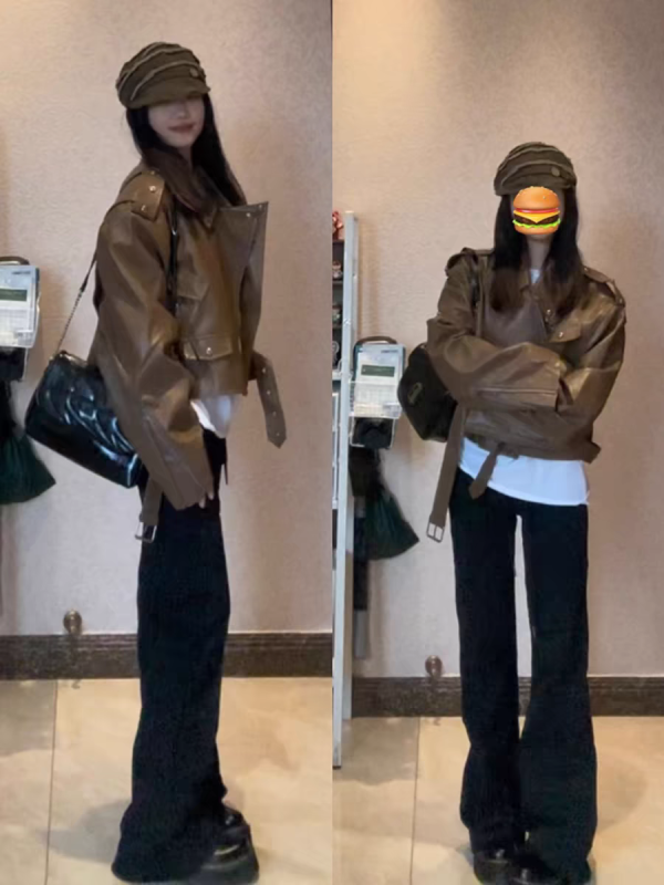 American vintage Maillard short leather jacket for women spring and autumn design niche motorcycle jacket trend