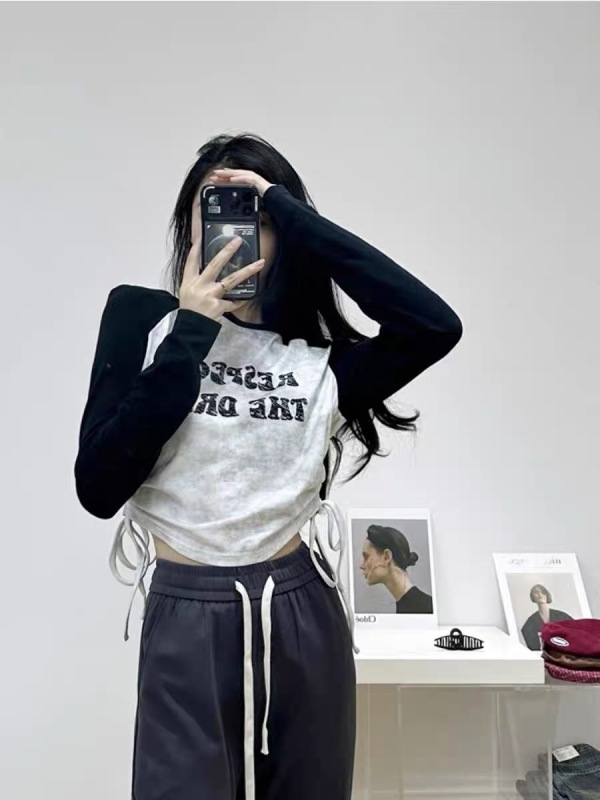 Autumn new tops for women with niche contrasting color letter print long-sleeved T-shirts for women with drawstring short bottoming shirts