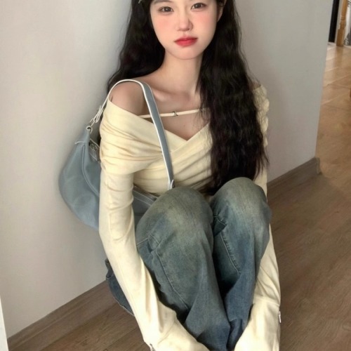 Official picture 1*1 thread 270g sexy hiphop hottie style v-neck long-sleeved t-shirt for women spring and autumn cross