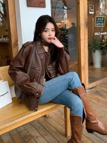 Kuangji KUAN JI Yi Mengling's same style brown leather unisex retro Hyuna style sweet and cool unique niche jacket