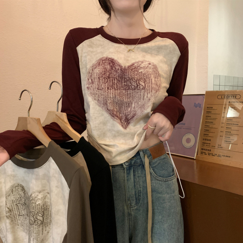 American retro right shoulder long-sleeved T-shirt women's autumn new slim fit pure cotton inner layering shirt top