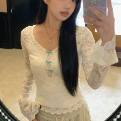 Original Quality Lace Bow T-shirt for Women, Nipple Cover Sweet and Spicy Girl Base Top, Short-sleeved Top