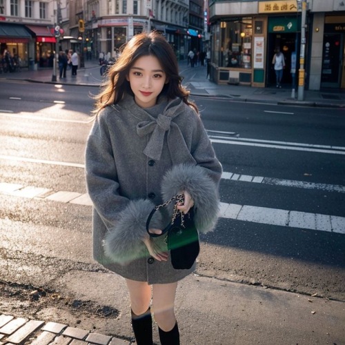 Hepburn style gray woolen coat for women autumn and winter new mid-length bow woolen cloak coat for small people