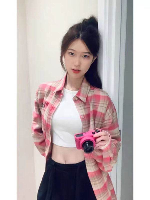 Pure cotton American retro embroidered plaid shirt for women autumn design loose casual shirt jacket
