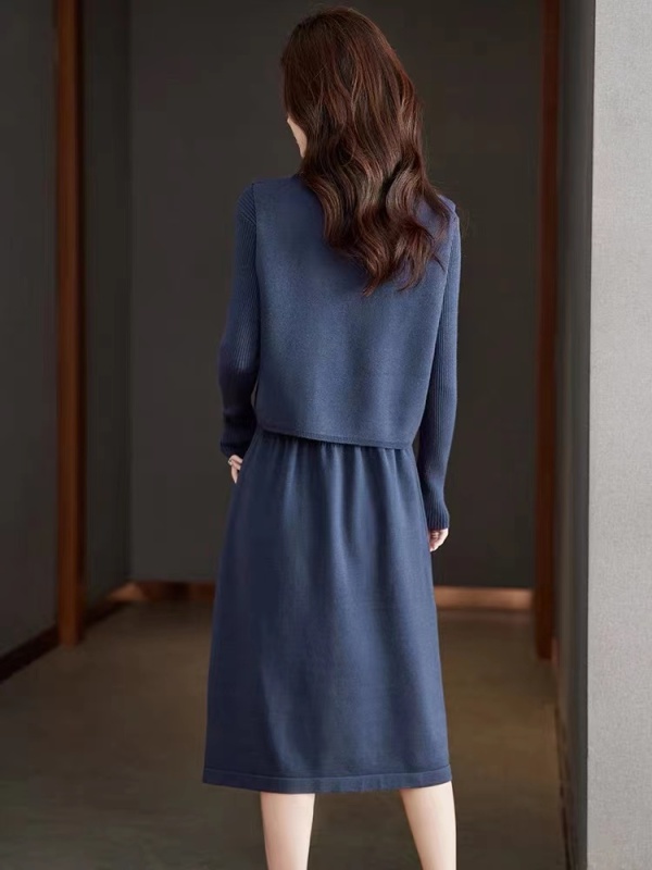 Autumn and winter women's French style small fragrant dress high-end knitted fake two-piece suit skirt
