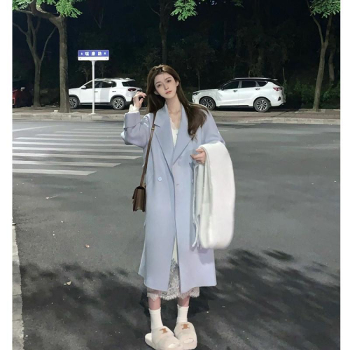 Woolen coat 2024 new autumn and winter small temperament thickened long Hepburn style blue woolen coat for women