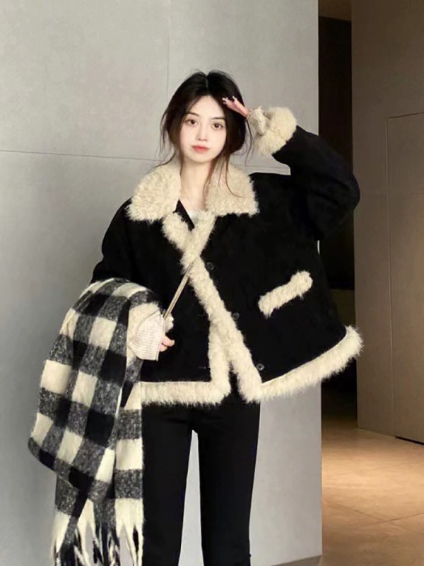 Trendy fur collar splicing cotton coat for women winter American retro loose splicing design furry cotton coat ins