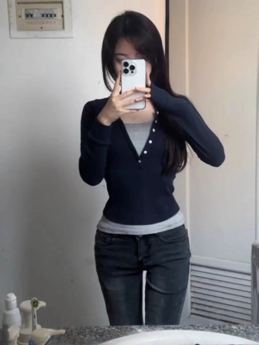 Spring and Autumn Contrast Color Cotton Short T-Shirt Women's Bottoming Top