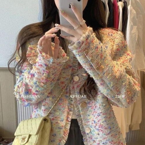 French socialite small fragrant style jacket, colorful, high-end, temperament, tassel long-sleeved design, niche short top for women