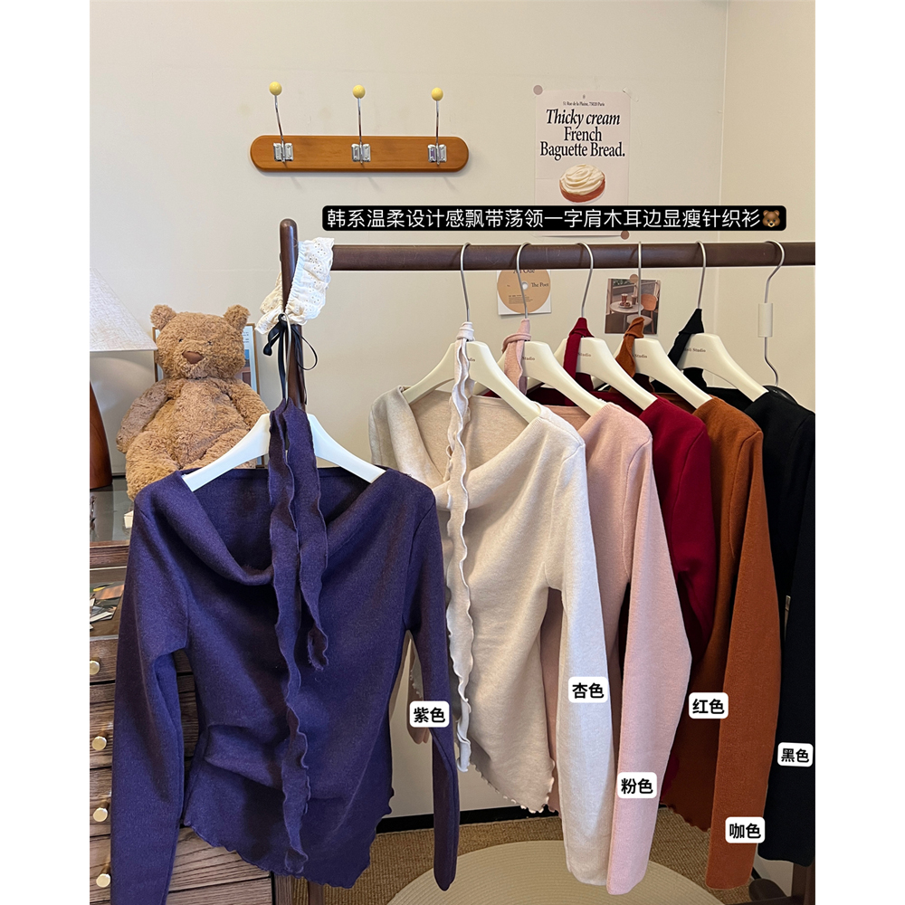 Real shooting autumn and winter Korean style gentle design sense flowing ribbon swing neck one shoulder lace sleeve slimming long-sleeved knitted sweater top 