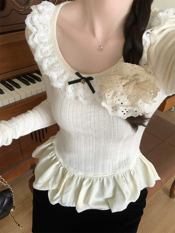 Early autumn sweet bow versatile round neck lace edge long-sleeved slim bottoming sweater top for women