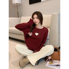 實拍 秋冬韓版寬鬆愛心提花減齡安迪絨套頭針織長袖內搭上衣