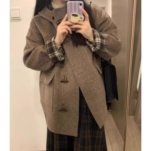 Horn button hooded Korean style woolen coat for women autumn and winter 2024 new Hepburn style small person woolen coat