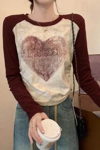 American retro right shoulder long-sleeved T-shirt women's autumn new slim fit pure cotton inner layering shirt top