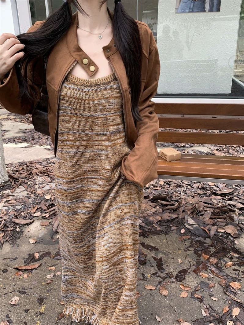 Striped fringe knit camisole dress for women, spring outfit leather jacket layering base Maillard style sweater long dress