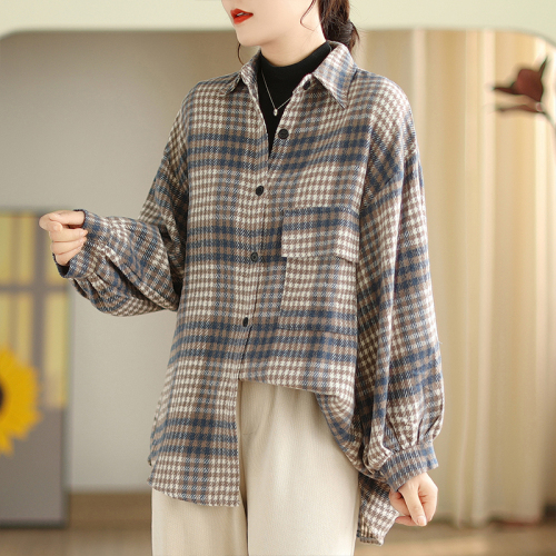 Retro brushed plaid shirt autumn and winter new versatile design niche loose jacket tops