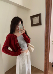 Knitted cardigan jacket for women in autumn slim fit gray sweater with short top for small people