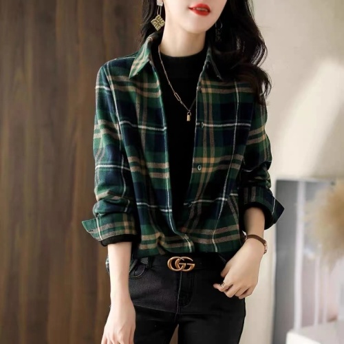 Brushed plaid long-sleeved shirt for women 2024 autumn new style retro all-match casual shirt loose outer top