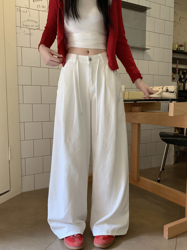 White pleated wide-leg jeans for women in autumn high-waist slim drawstring straight floor-length casual pants