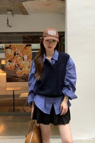 miu shirt early autumn retro blue plaid lazy shirt Korean embroidered V-neck vest suit
