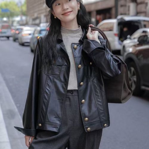 MiDing Hong Kong style retro black leather jacket women's autumn new design short jacket top for small people