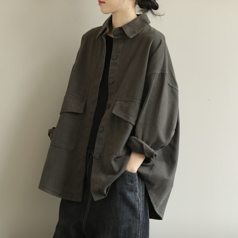 2024 retro literary large size loose long-sleeved jacket new solid color lapel versatile casual top
