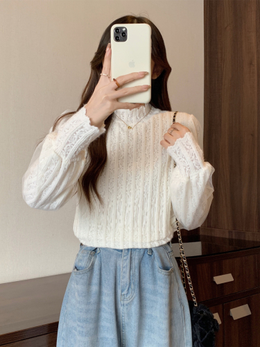 Actual shot of half turtleneck, thickened velvet and brushed bottoming shirt, autumn and winter style inner layer, slim puff long-sleeved lace shirt