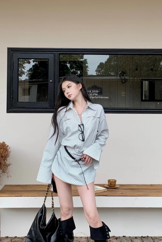 Striped shirt dress long-sleeved waist slimming retro short skirt